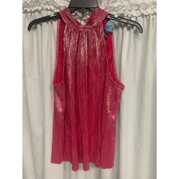CeCe Metallic Pink Pleated Halter Top Size S –Shimmer Party Blouse with Back Bow - Picture 2 of 4